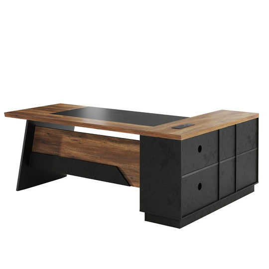 78.74 Inches L-Shape Executive Desk, Industrial Wood Desk with Cabinet Drawer Storage Shelves