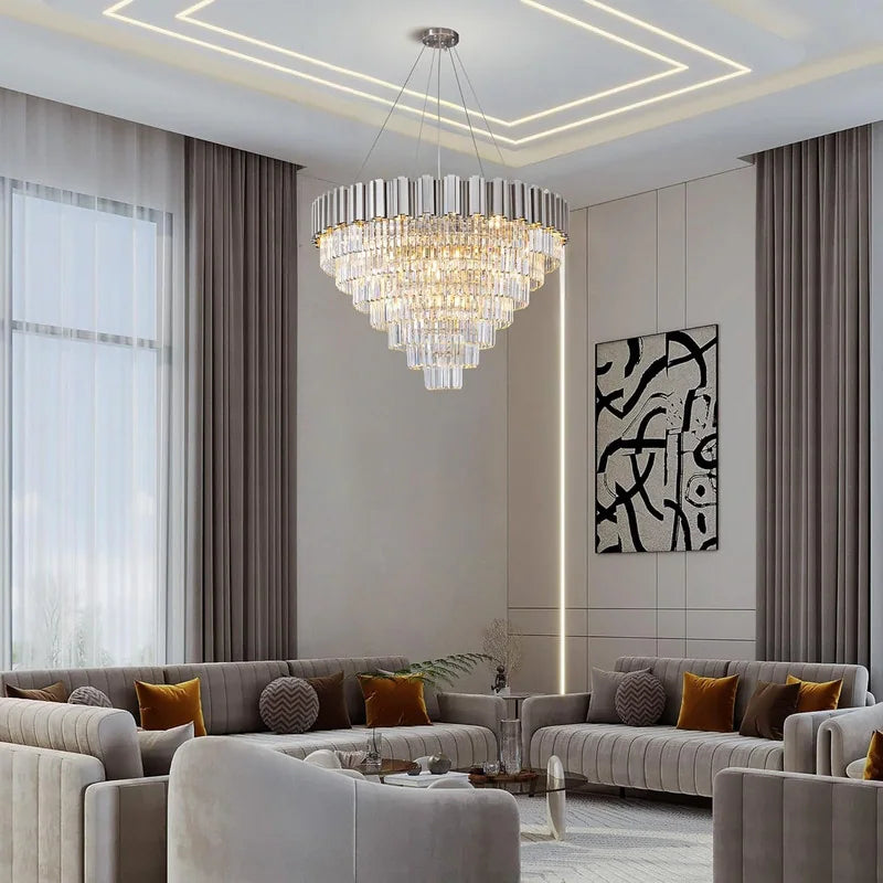 Large Crystal Chandelier - 35.4"Modern 6-Tier 17-Light Chrome Ceiling Light, Luxury K9 Crystal