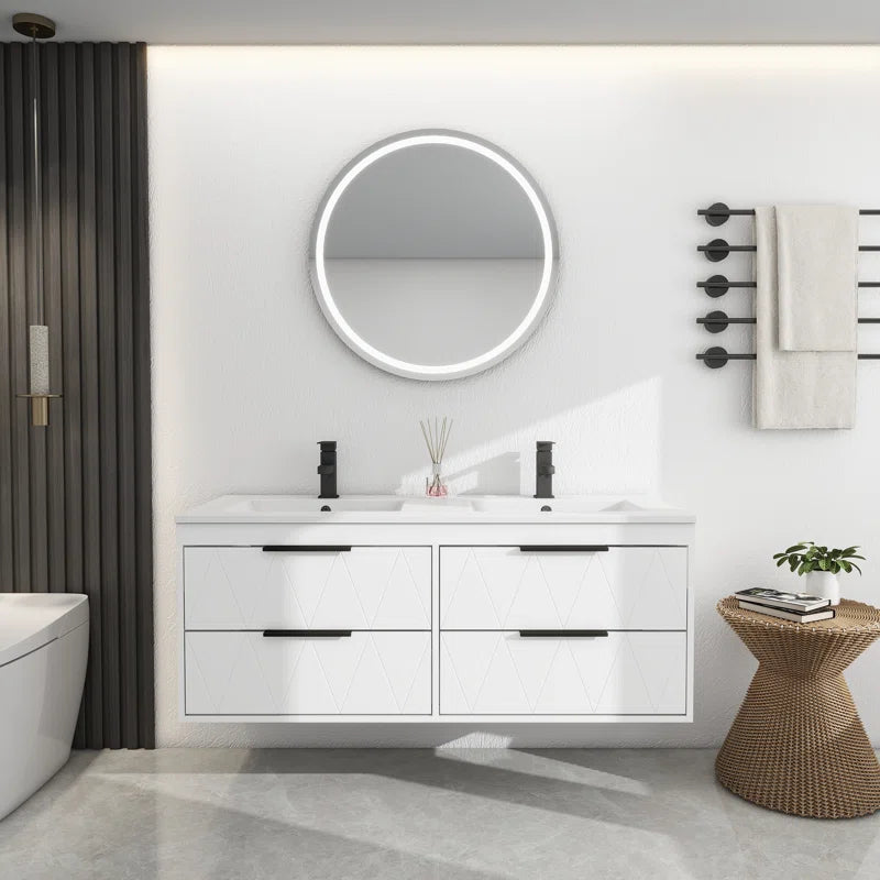 Ciarra Sharee 48" Modern Wall-Mount Double Sink Bathroom Vanity with Resin Top, Zinc Alloy Faucet, Painted Floating Cabinet, Soft-Close Drawers