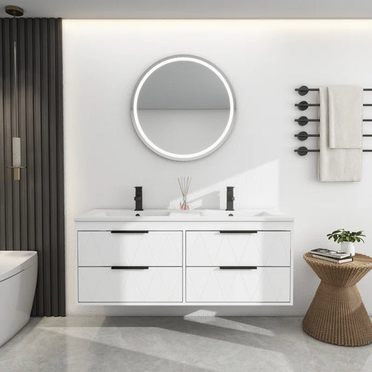 Ciarra Sharee 48" Modern Wall-Mount Double Sink Bathroom Vanity with Resin Top, Zinc Alloy Faucet, Painted Floating Cabinet, Soft-Close Drawers