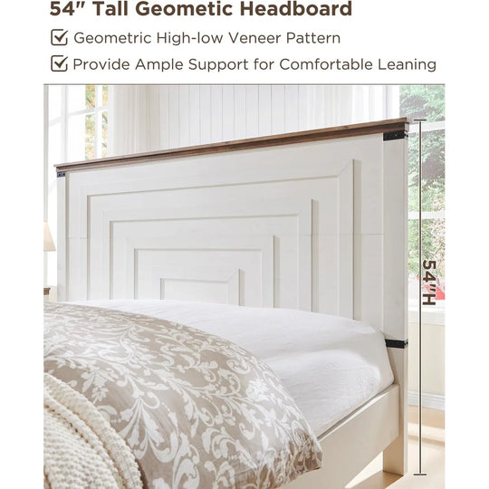 Farmhouse Wood Bed Frame with 54" Tall Headboard, 2 Large Drawers