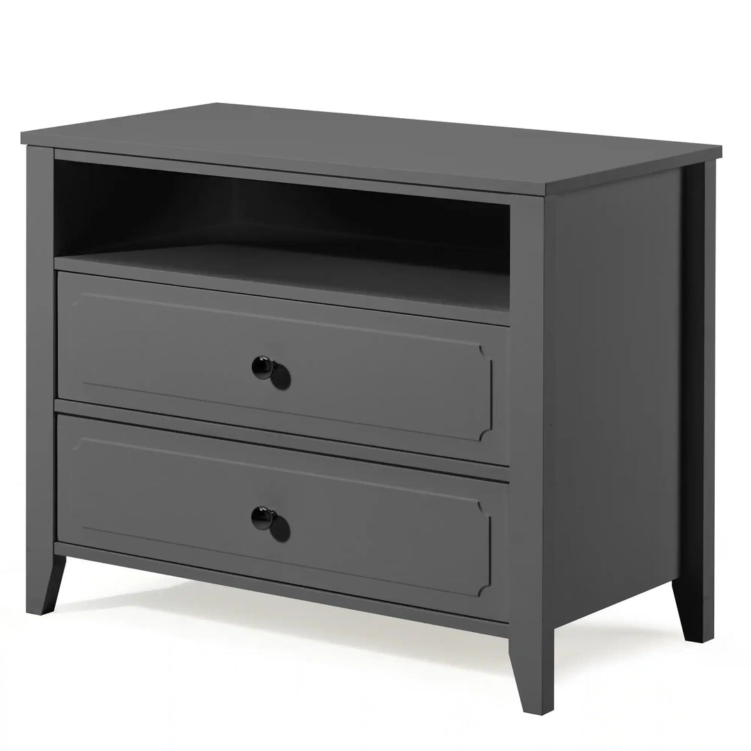 Wide Nightstand – 2‑Drawer Bedside Table with Open Shelf, MDF Wood End Table for Bedroom Living Room