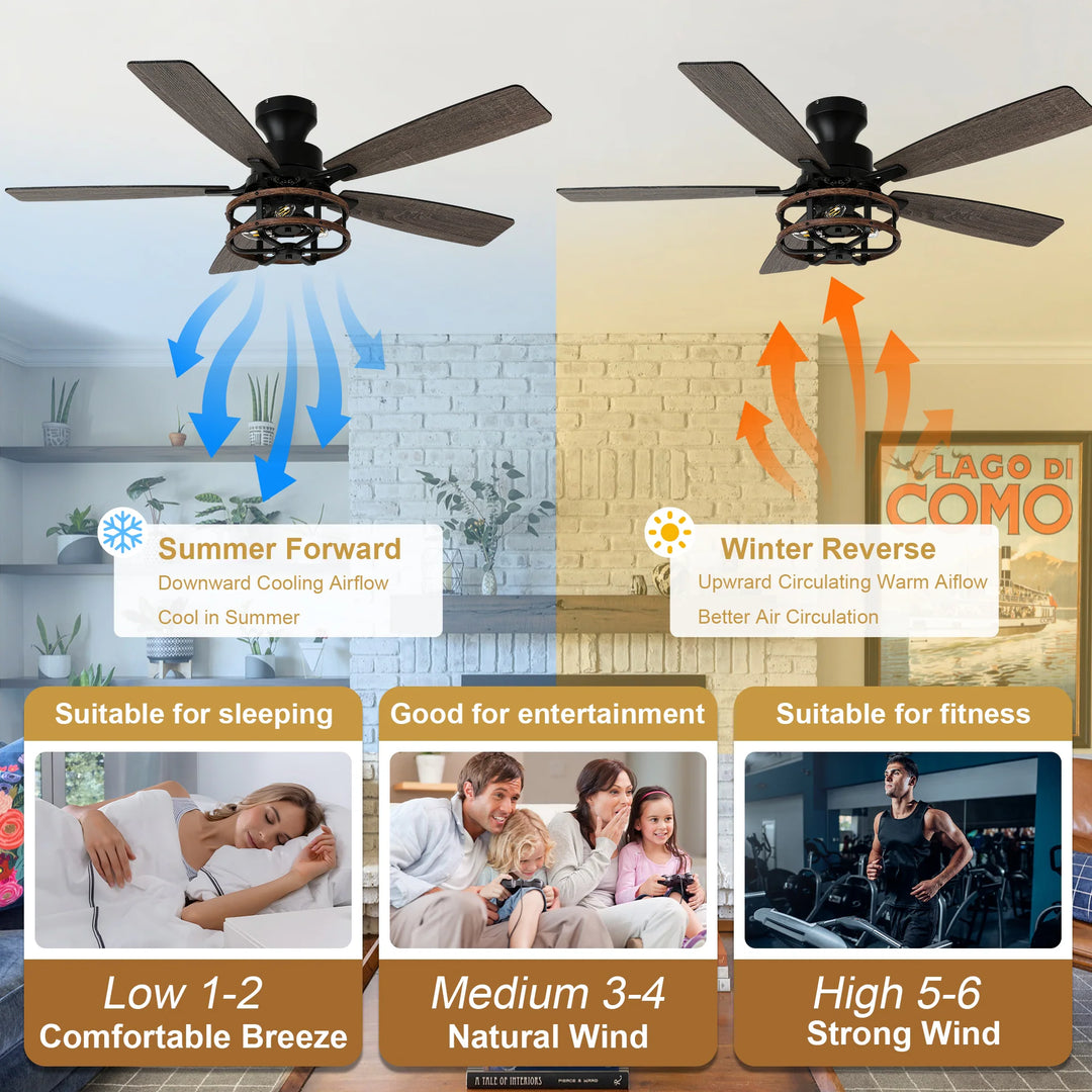 52-In Farmhouse Black Caged Ceiling Fan with Lights and Remote Control, Low Profile Flush Mount Chandelier Ceiling Fan