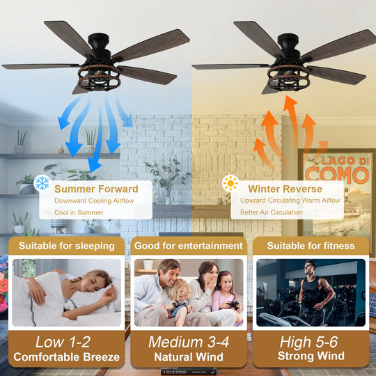 52-In Farmhouse Black Caged Ceiling Fan with Lights and Remote Control, Low Profile Flush Mount Chandelier Ceiling Fan