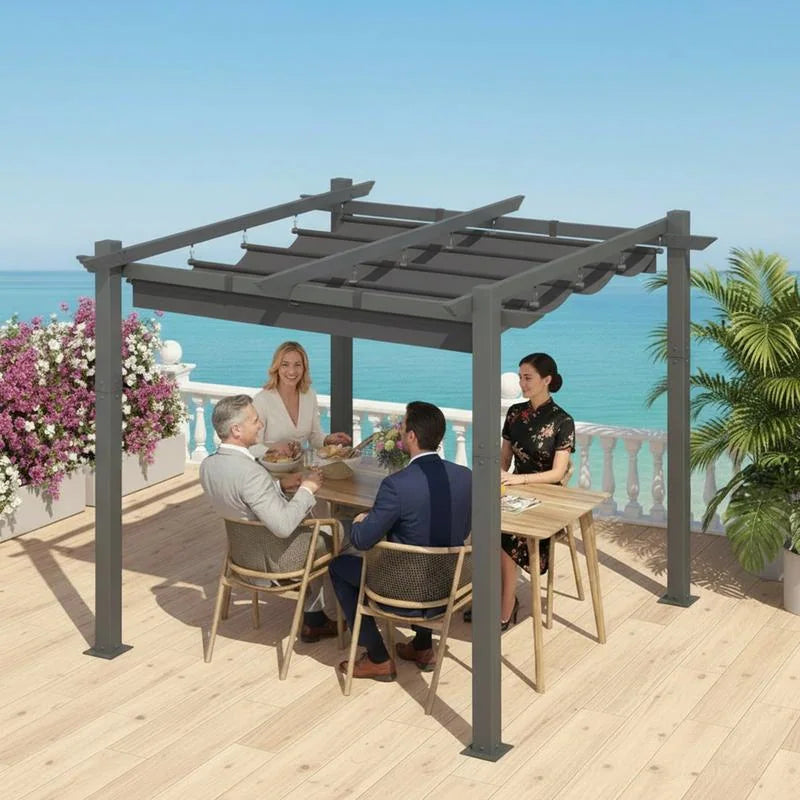 10' X 13' Outdoor Pergola with Retractable Canopy, Heavy-Duty Metal Frame and Adjustable Patio Shade Roof