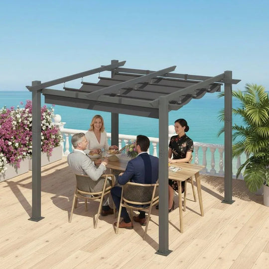 10' X 13' Outdoor Pergola with Retractable Canopy, Heavy-Duty Metal Frame and Adjustable Patio Shade Roof