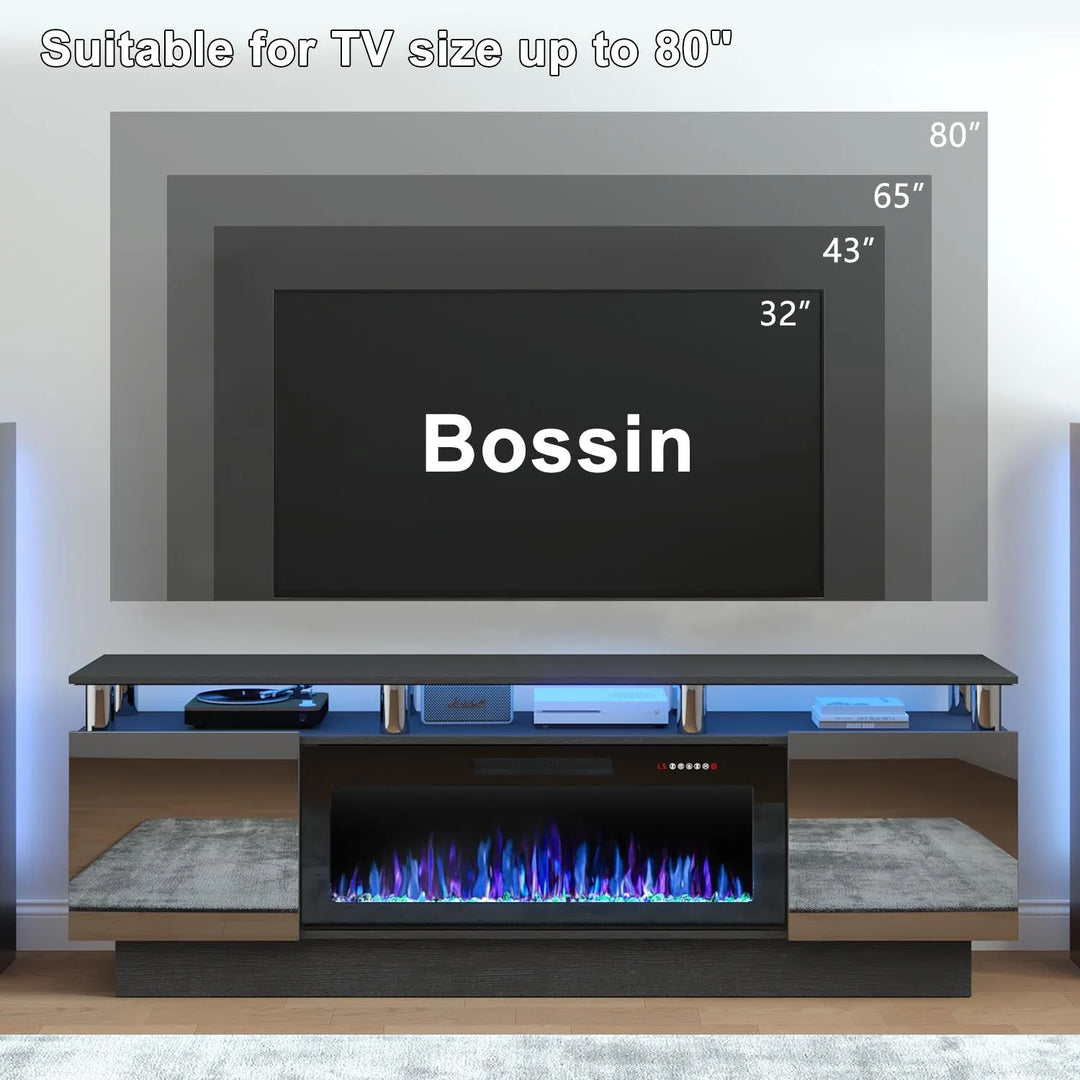 70" Modern Electric Fireplace TV Stand, with Electronic Flame and LED Lights, High Gloss Finish Entertainment Center