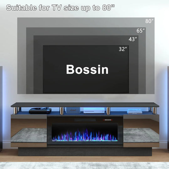 70" Modern Electric Fireplace TV Stand, with Electronic Flame and LED Lights, High Gloss Finish Entertainment Center