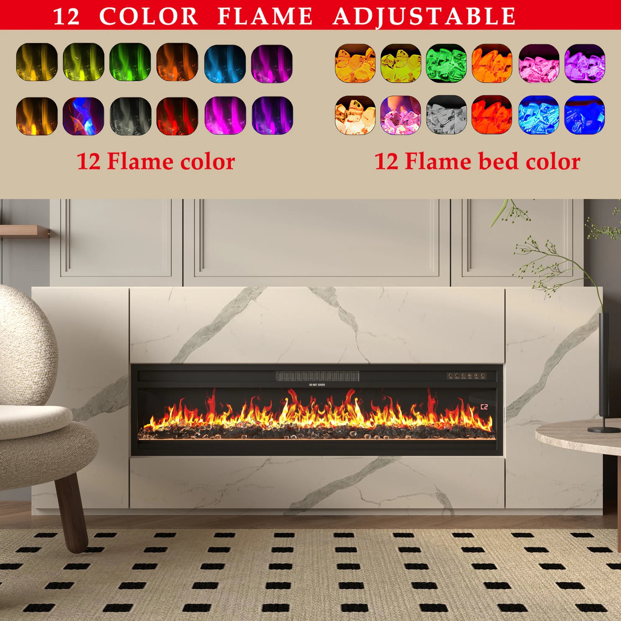 Modern Black Fireplace TV Stand Combo,Remote Fireplace Heater,2 Drawers,Light Strip & USB