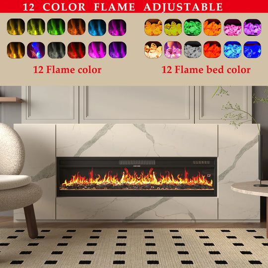 Modern Black Fireplace TV Stand Combo,Remote Fireplace Heater,2 Drawers,Light Strip & USB