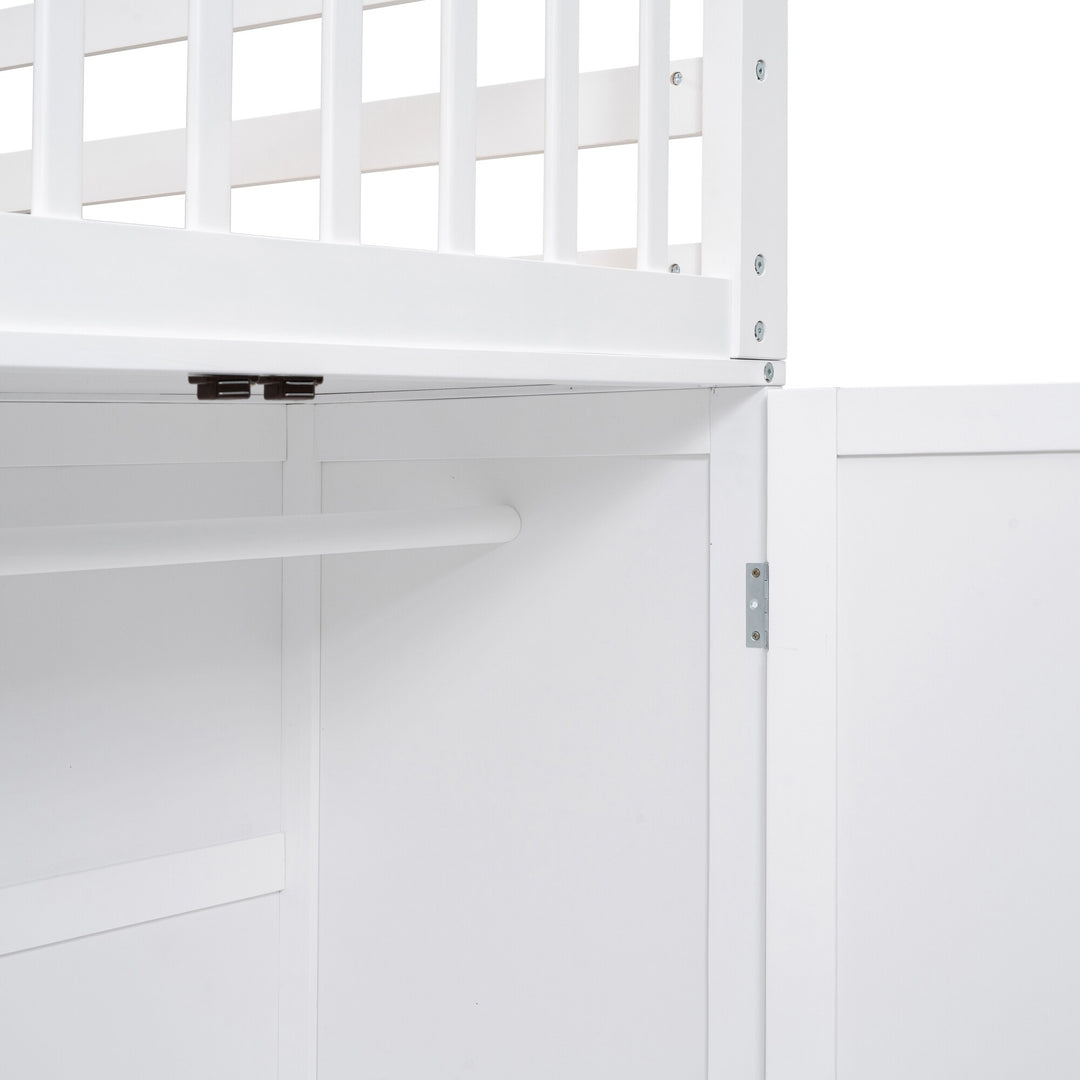 L-Shaped Bunk Bed with Three Drawers, Portable Desk and Wardrobe, Twin-Twin over Full Design