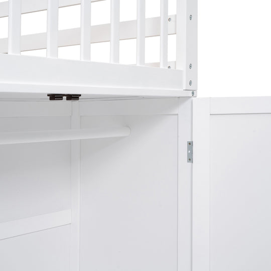 L-Shaped Bunk Bed with Three Drawers, Portable Desk and Wardrobe, Twin-Twin over Full Design