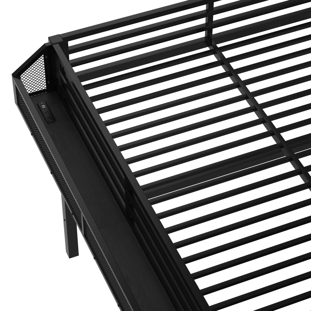Storage Stairs Loft Bed Queen Size Metal Bed Frame with Built-In Wardrobe, Shelves, Light Strip and Charging Station