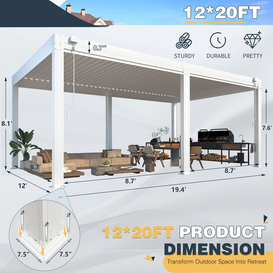 Outdoor Louvered Pergola Gazebo with Adjustable Aluminum Rainproof Roof and Pull-Down Screen