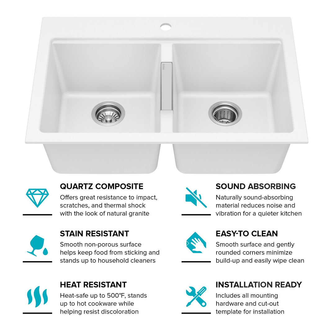 Granite 33 Inch 2-Bowl Undermount Drop-In Kitchen Sink