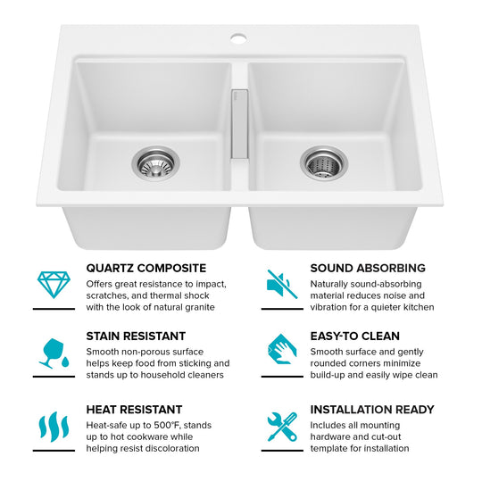 Granite 33 Inch 2-Bowl Undermount Drop-In Kitchen Sink
