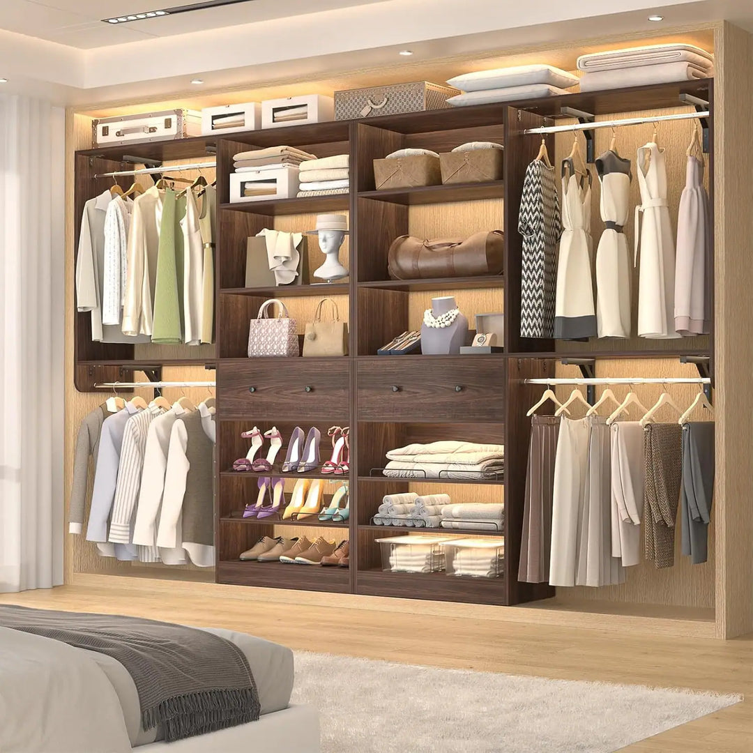 5FT Closet System with 2 Hanging Rods and Wooden Drawer, Walk-In Closet Organizer with 2 Wing Shelve and Adjustable Rack Shelves