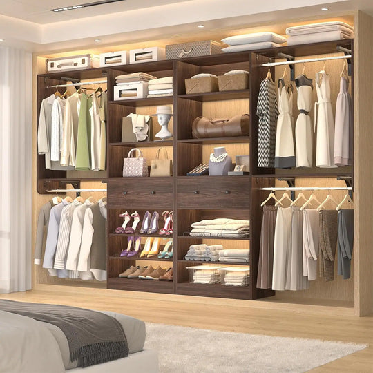 5FT Closet System with 2 Hanging Rods and Wooden Drawer, Walk-In Closet Organizer with 2 Wing Shelve and Adjustable Rack Shelves