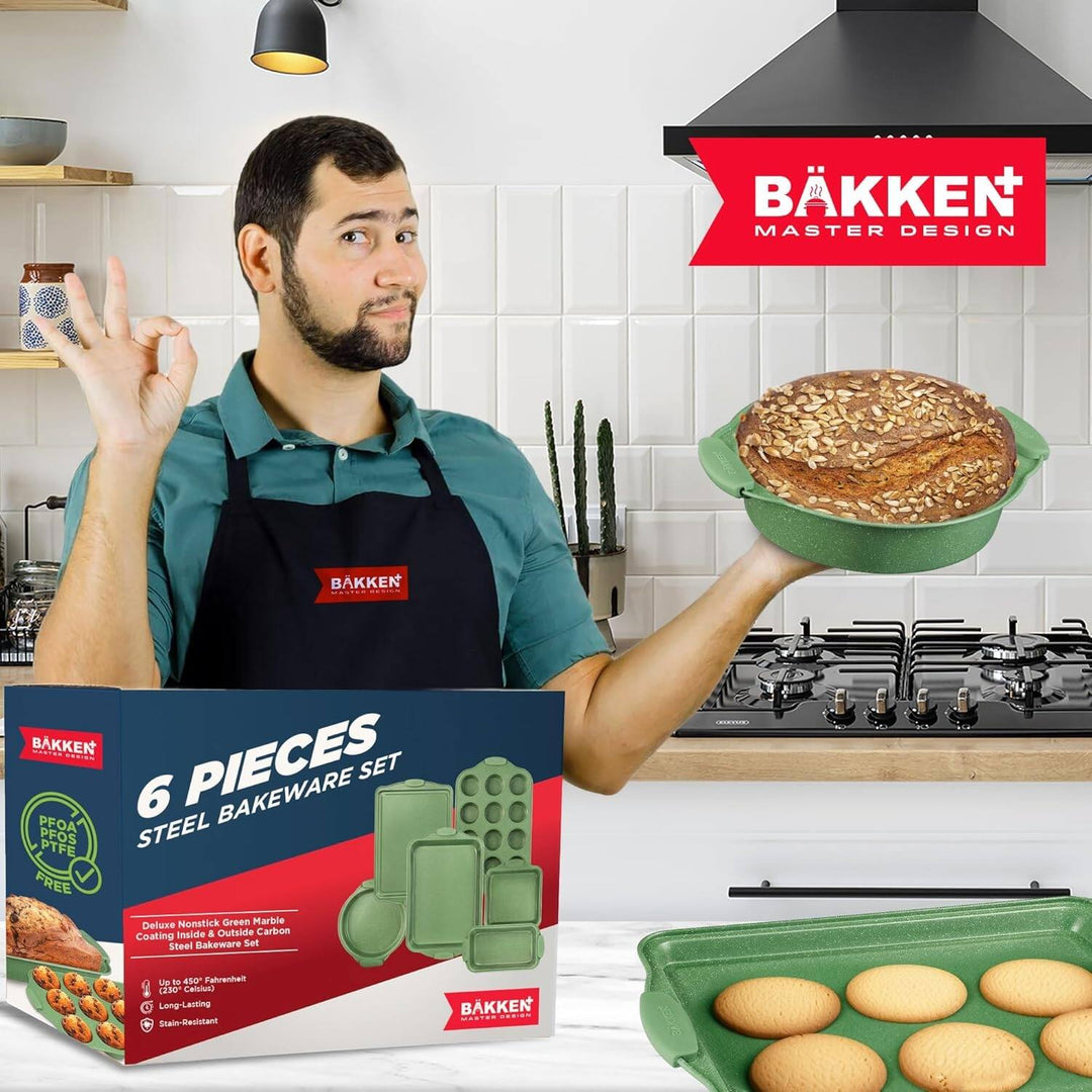 BAKKEN Kitchen Baking Pan Set - Nonstick Green Marble Coating, Carbon Steel Bakeware Sets with Green Silicone Handles,