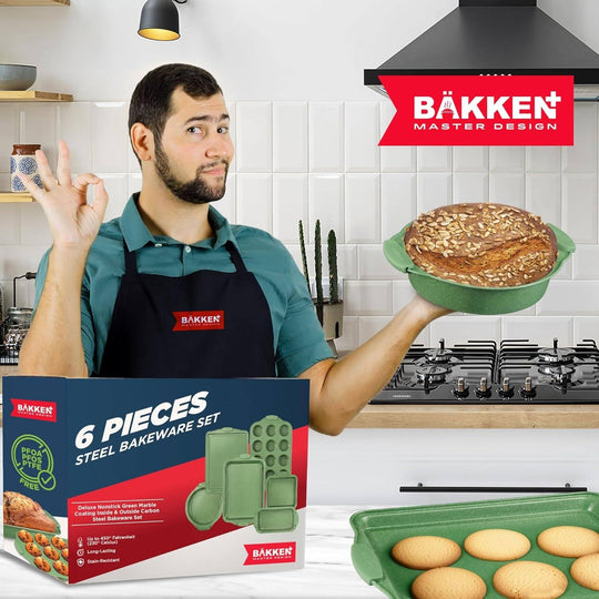 BAKKEN Kitchen Baking Pan Set - Nonstick Green Marble Coating, Carbon Steel Bakeware Sets with Green Silicone Handles,