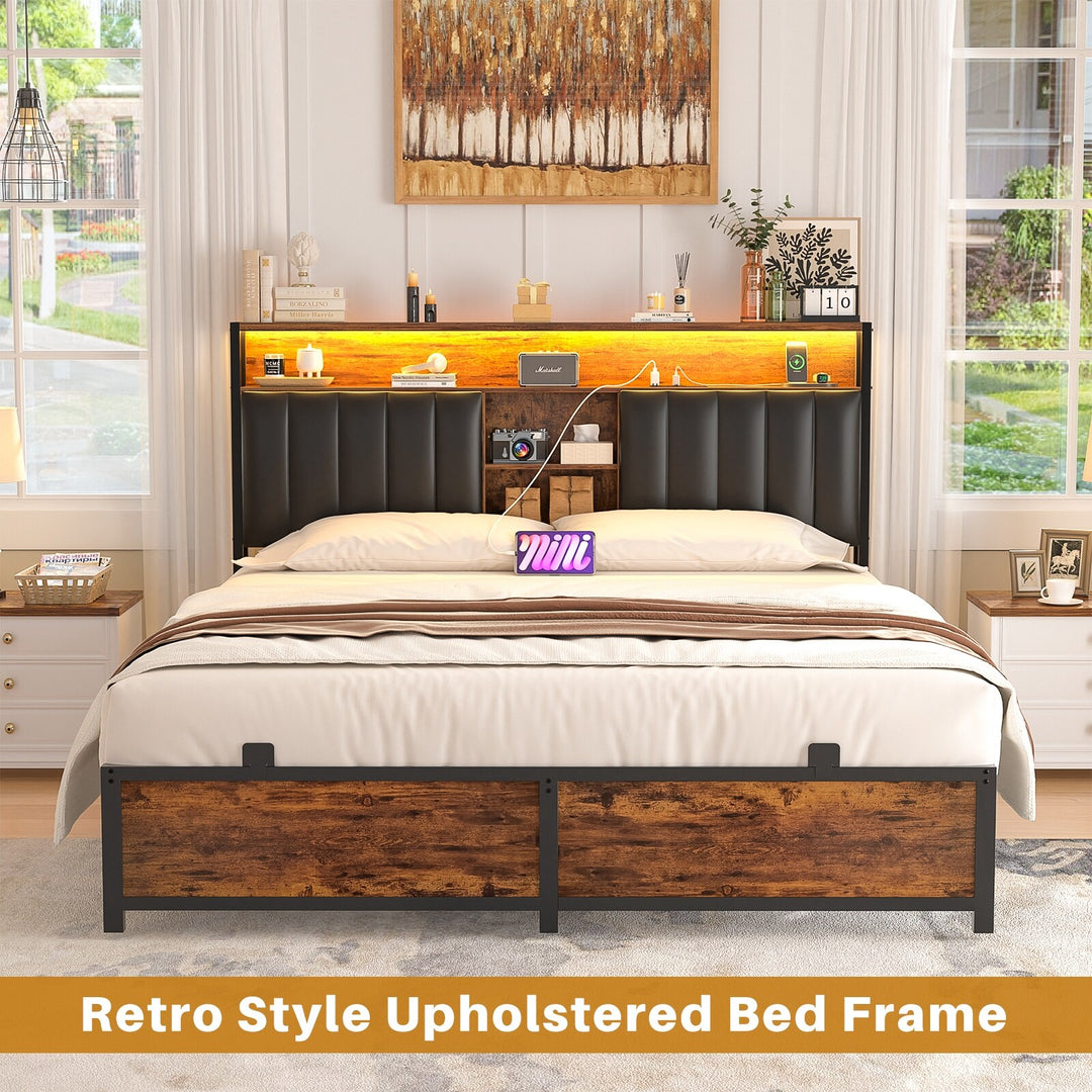 Upholstered Bed Frame with Storage Shelving, Platform Beds with Charge Station and LED Lights