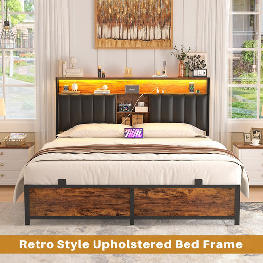 Upholstered Bed Frame with Storage Shelving, Platform Beds with Charge Station and LED Lights