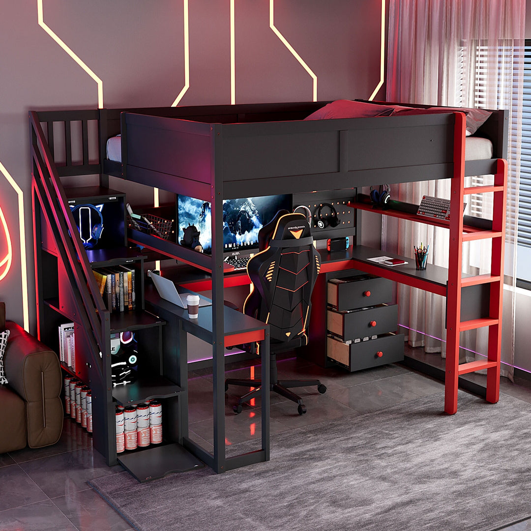 Full Size Wooden Gaming Loft Bed with Storage Stairs, Desk, Shelves and Pegboard