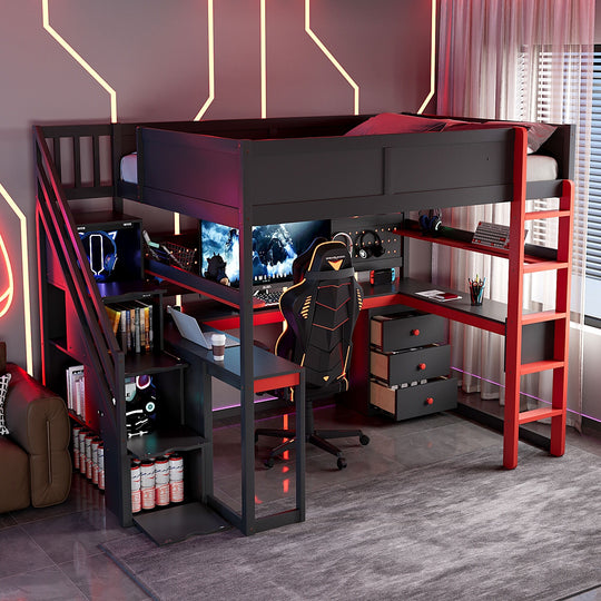 Full Size Wooden Gaming Loft Bed with Storage Stairs, Desk, Shelves and Pegboard