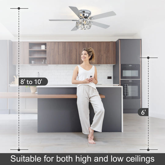 52" Flush Mount 5-Blade Modern Crystal Indoor Ceiling Fan with Light Kit and Remote