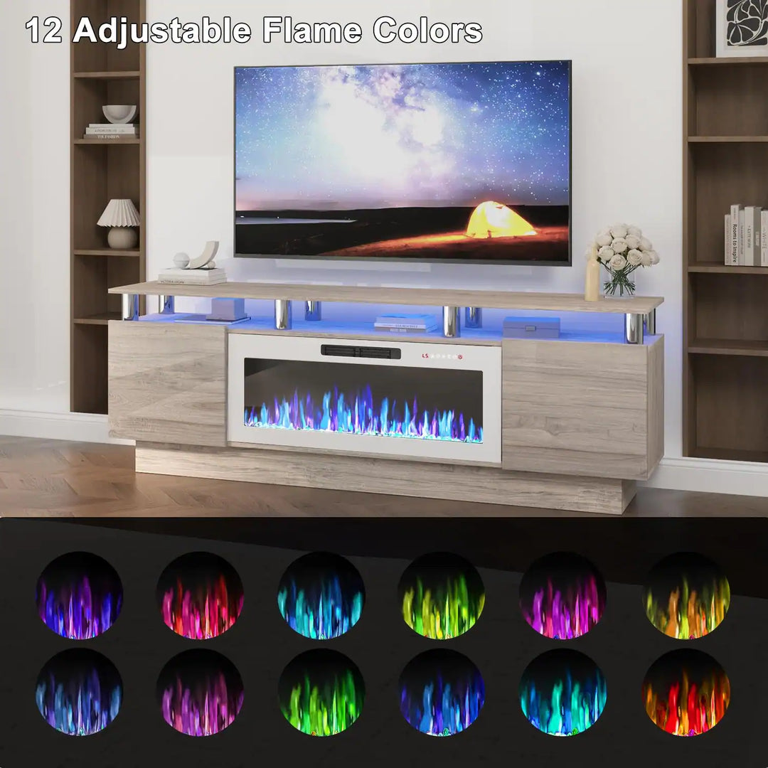 70" Modern Electric Fireplace TV Stand, with Electronic Flame and LED Lights, High Gloss Finish Entertainment Center