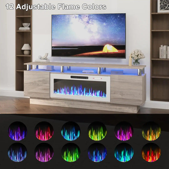 70" Modern Electric Fireplace TV Stand, with Electronic Flame and LED Lights, High Gloss Finish Entertainment Center