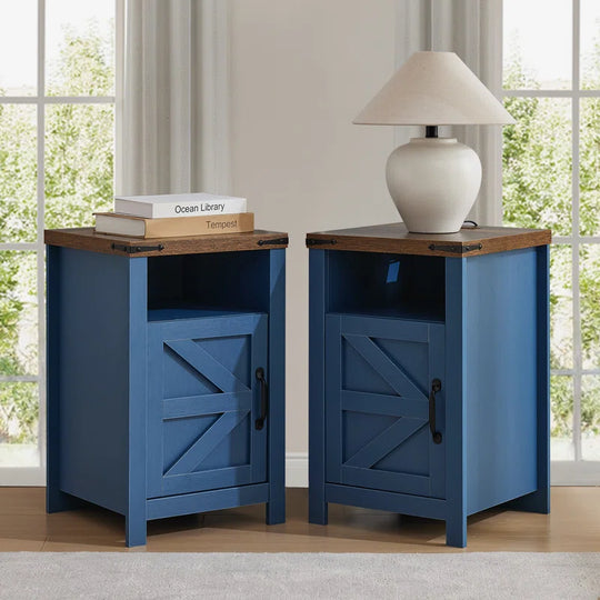 Farmhouse Night Stands with Charging Station, Set of 2, Bedside Table with Barn Door, End Table with Open Storage for Bedroom
