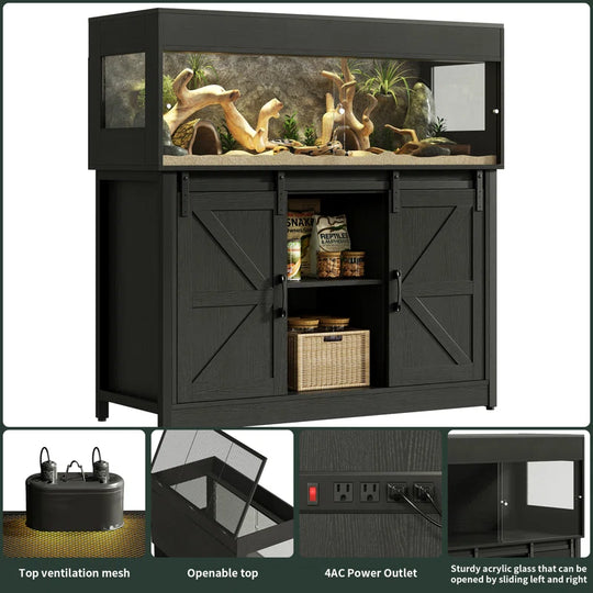 Reptile Terrarium with Stand, Reptile Tank with Barn Door and Storage, Vivarium with Acrylic Doors, Ventilated Mesh Top & Power Outlet, for Geckos, Lizards, Snakes Px06Rtb