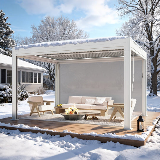 Outdoor Louvered Pergola Gazebo with Adjustable Aluminum Rainproof Roof and Pull-Down Screen