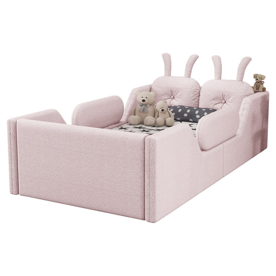 Twin Size Upholstered Platform Bed with Rabbit Cushion, Floor Upholstered Bed with Removable Side Rails