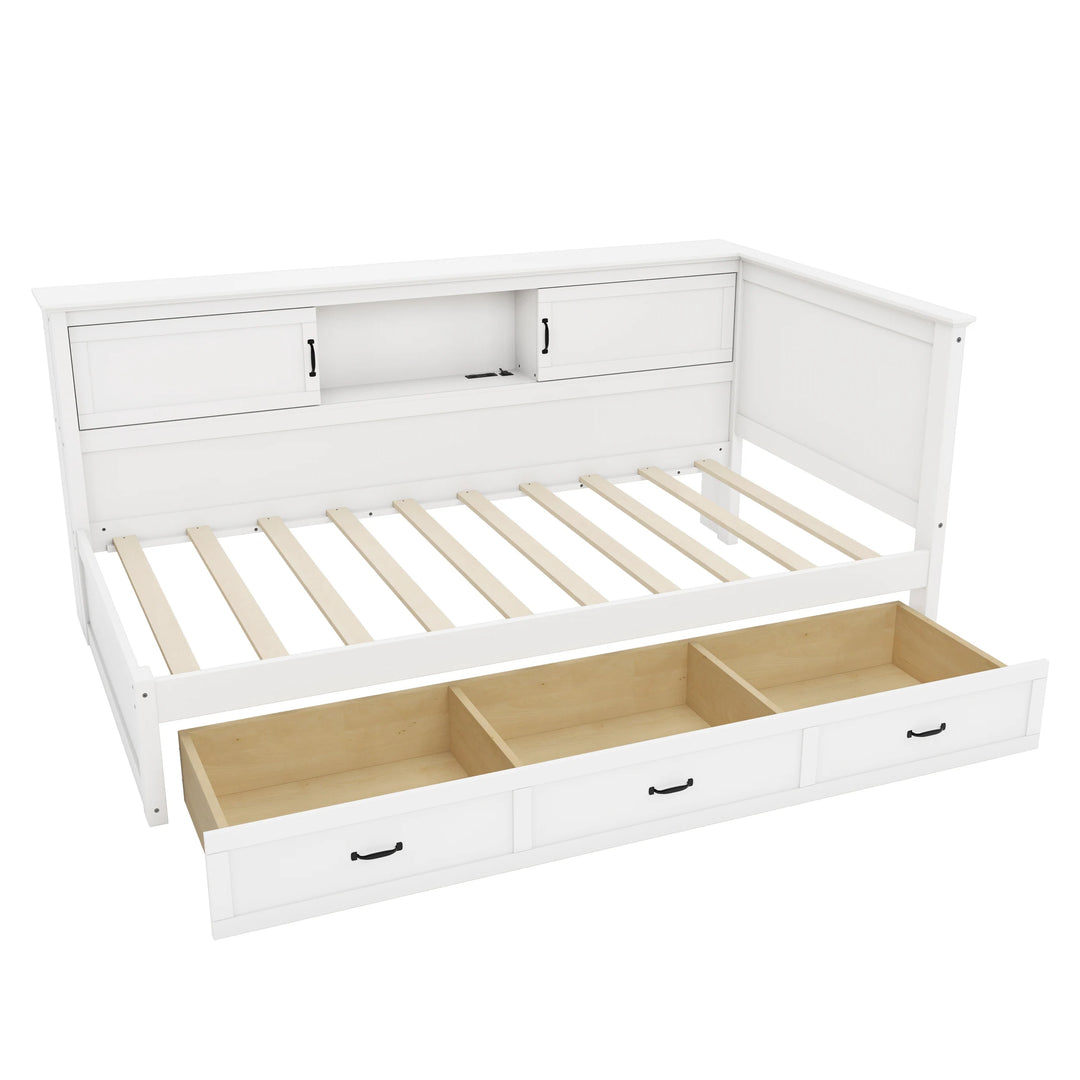 L-Shaped Corner Bed Frame with Drawer, Bookcase, LED Downlight and USB Port
