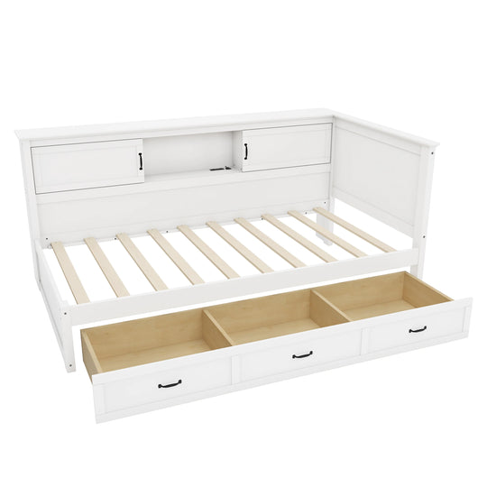 L-Shaped Corner Bed Frame with Drawer, Bookcase, LED Downlight and USB Port