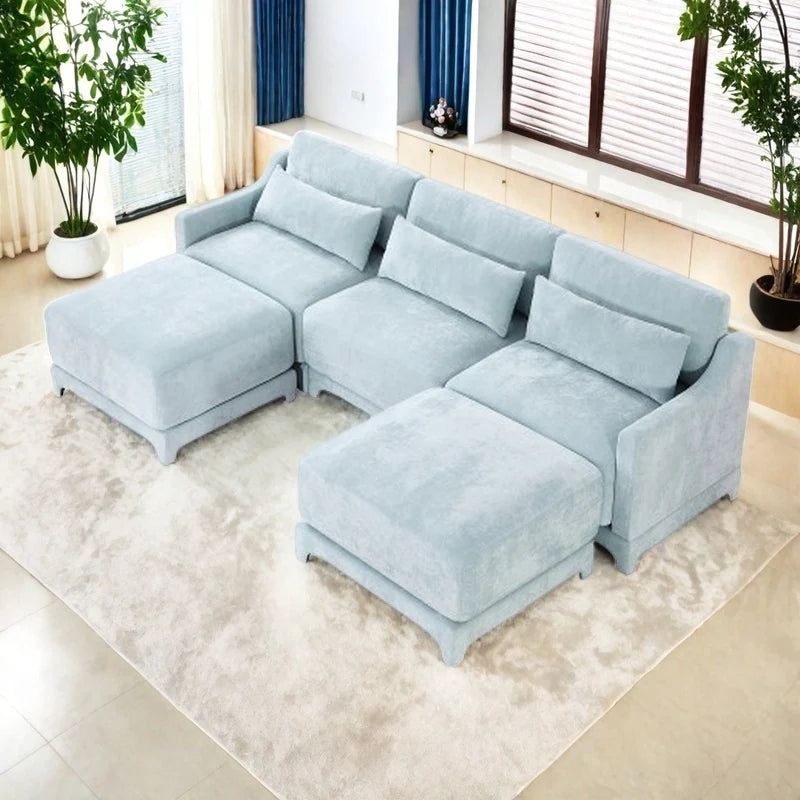 Modern Chenille 4-Seater Sofa with 2 Ottoman, Lumbar Cushions, Ergonomic Backrest, High-Resilience Spongeand Tufted Armrests