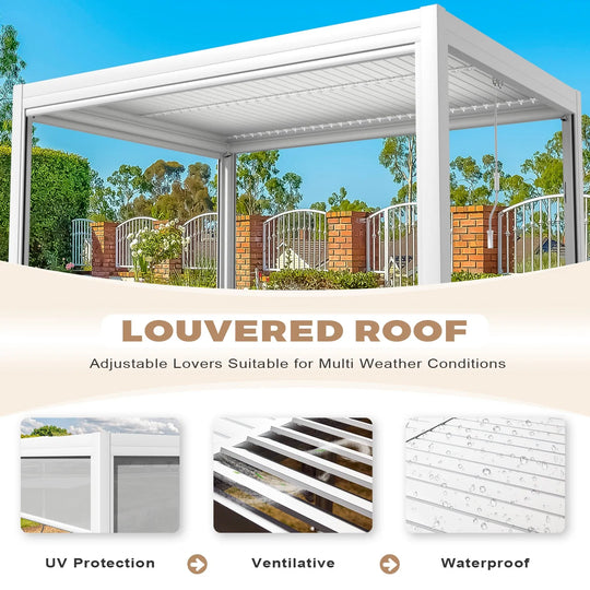 Outdoor Louvered Pergola Gazebo with Adjustable Aluminum Rainproof Roof and Pull-Down Screen