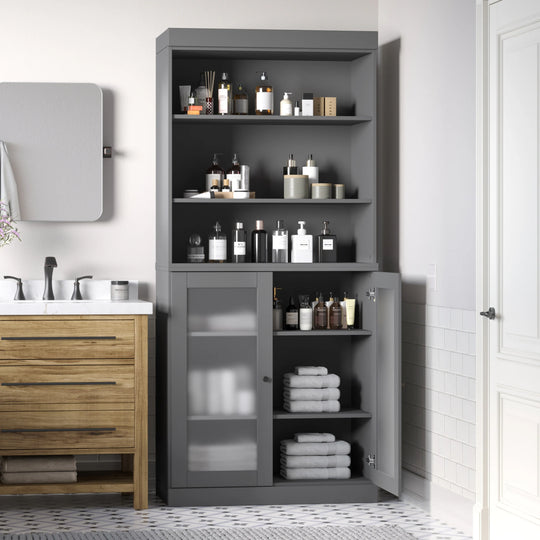 100% Solid Wood Bathroom & Laundry Storage Cabinet, Raised Panel Doors, Adjustable Shelves, 32" Wide, 71.5" Tall