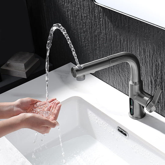 Single Hole Liftable Bathroom Faucet with Temperature Display in Fahrenheit, 3 Water Modes, BF2501