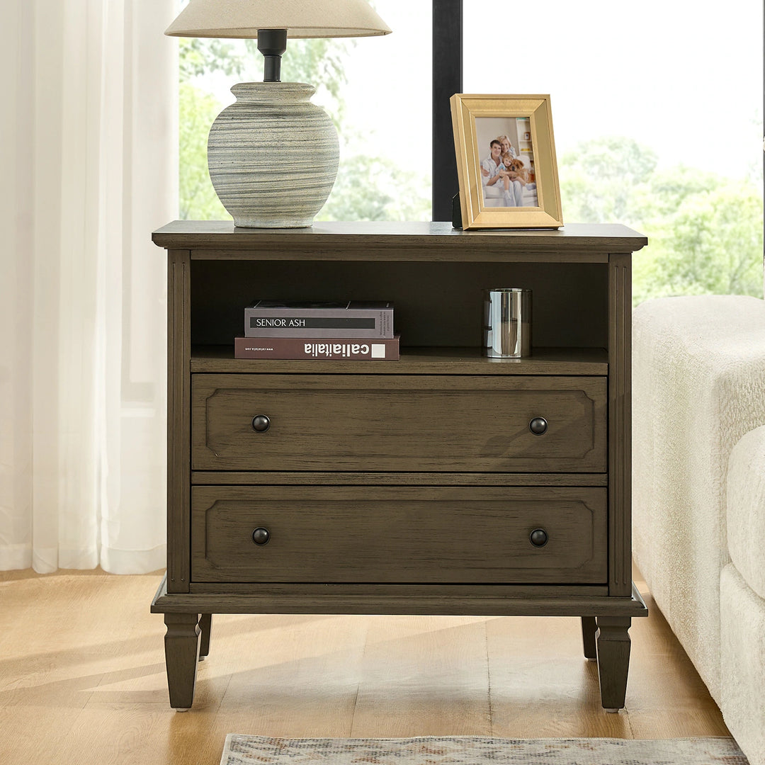 Kamilo Transitional 28''W 2-Drawers End Table with Built-In Charging Station and Solid Wood Legs by