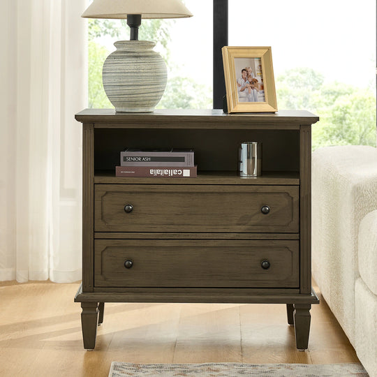 Kamilo Transitional 28''W 2-Drawers End Table with Built-In Charging Station and Solid Wood Legs by