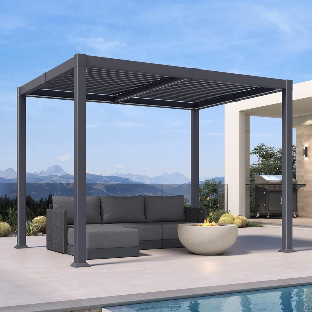Solar Louvered Pergola with LED String Lights Aluminum Outdoor Pergola with Adjustable Roof for Patio Garden