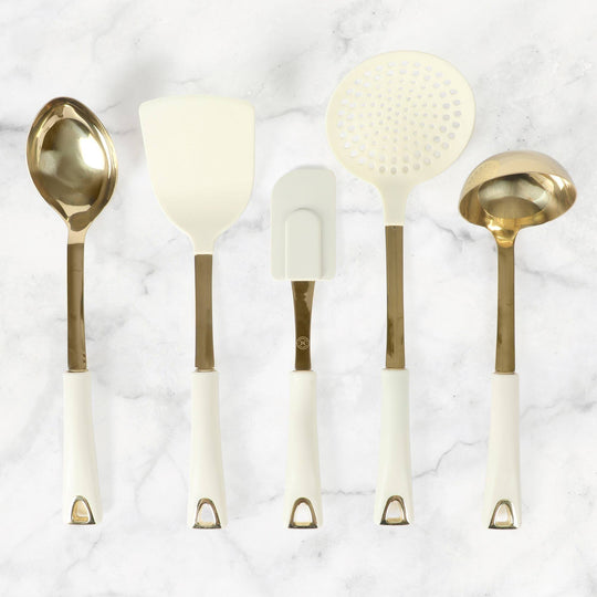 Lockton 5 Linen W/ Gold Stainless Steel & Nylon Kitchen Tool Set