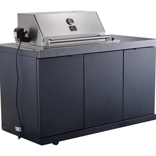 Rimini Outdoor Kitchen 30" BBQ 62,600 BTU, 3 Burners with Sear & Rotisserie, 2.4 Cu.Ft. Beverage Center, Stainless Steel Sink, Black Cabinets & Gray Sintered Stone Countertops