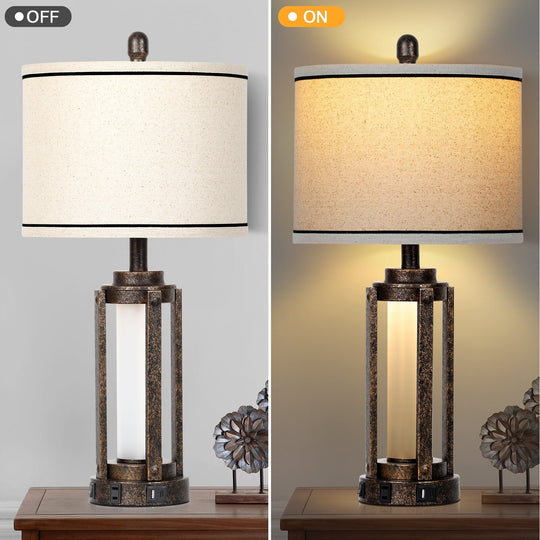 Set of 2 Roman Column Table Lamps with Nightlight and USB Port, Black and Gold