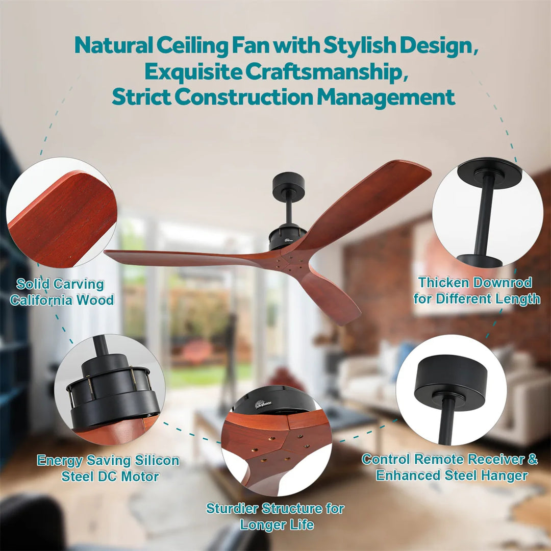 Sofucor 42"/48"/ 52"/60"Noiseless Walnut Wood Ceiling Fan with Remote Control, Integrated Light Optional