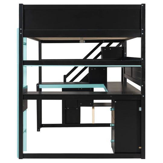 Full Size Wooden Gaming Loft Bed with Storage Stairs, Desk, Shelves and Pegboard