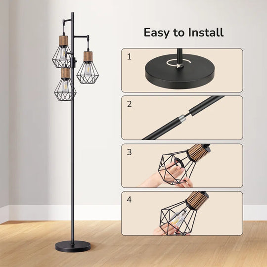 Crevan 65" Dimmable Rattan Tree Floor Lamp with 3 Bulbs Included